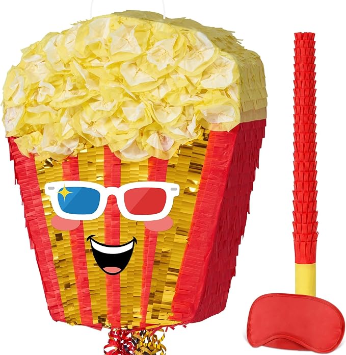 WERNNSAI Popcorn Piñata - Pull String Piñata with Stick and Blindfold, for Video Movie Night Holiday Celebration, Parties Carnivals Games Supplies (16.5"x12.4"x3")