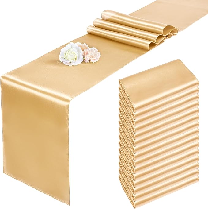 Pesonlook 15 Pack Satin Table Runners Champagne 12 x 108 Inch Long Table Runners for Rectangle Round Tables,Smooth Satin Table Runner for Wedding, Birthday Party Banquets Decoration