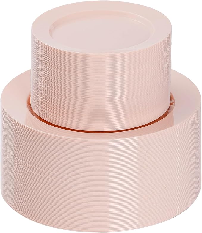 Goodluck 200PCS Disposable Pink Plastic Plates, Heavy Duty Disposable with 100 10.25 inch and 100 7.5 inch Dessert Plates for Party, Wedding, Baby Shower
