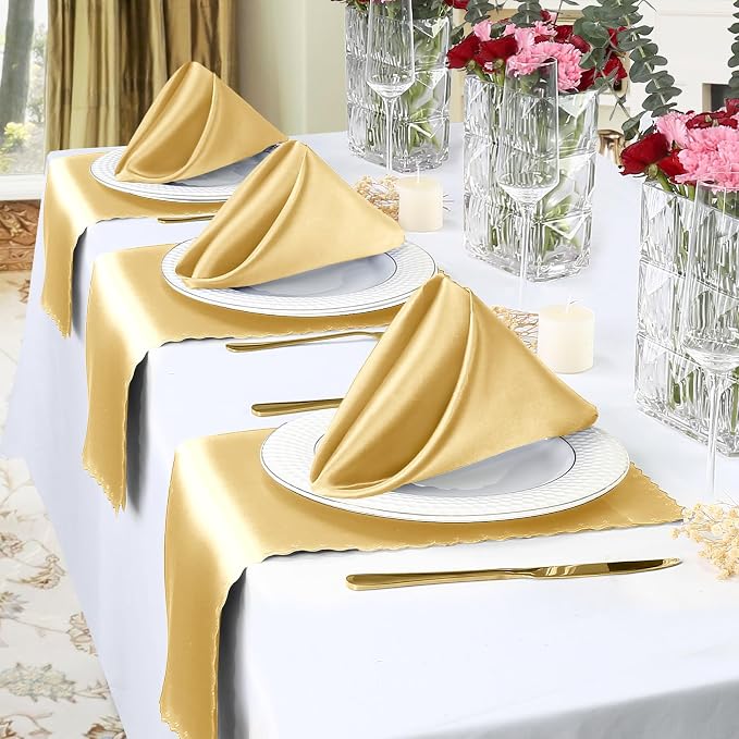 Homiest Gold Satin Napkins - 100 Pack (17x17 Inches), Scalloped Square - Silky & Elegant, Perfect for Wedding, Dinner & Party