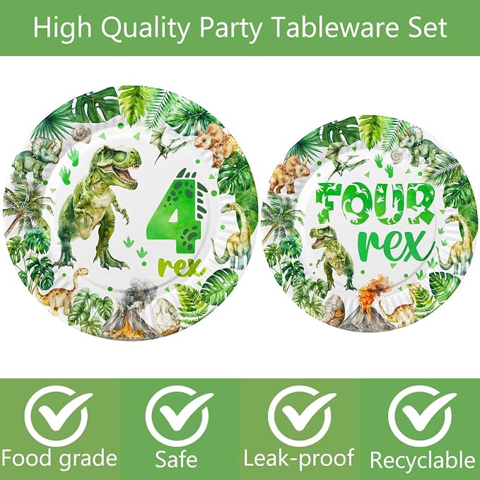208 Pcs Dinosaur 4th Birthday Party Supplies, Green Dino Roar I'm Four Birthday Decorations, 20 Serves Include Plates, Cups, Napkins, Tablecloth, Cake Topper, Swirls, Banner, Balloons for Boys
