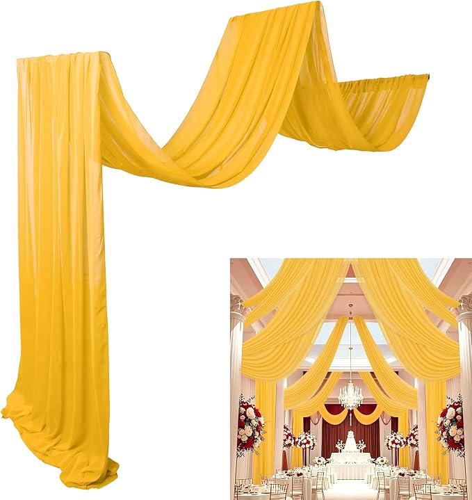DUOBAO Chiffon Ceiling Drapes 20FT 6 Panels Gold Sheer Wedding Backdrop Curtains for Indoor Events Banquet Hall Tent Drapery Soft Draping Fabric for Arches Christmas and Photography