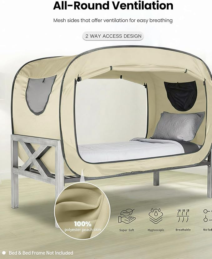 ANC POP Bed Tent Twin Bed Canopy Portable Dream Tent for Adult Indoor Sleeping Tents with 2 Doors Breathable Private Space Tents, Pale Yellow