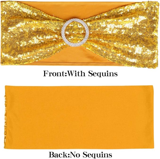 Pack of 50 Chair Sashes Sequin Stretchy Spandex Bands Decorative Bows One-Sided Sequins Decor for Romantic Wedding Party Home Chair Cover Sash Decorations - Gold