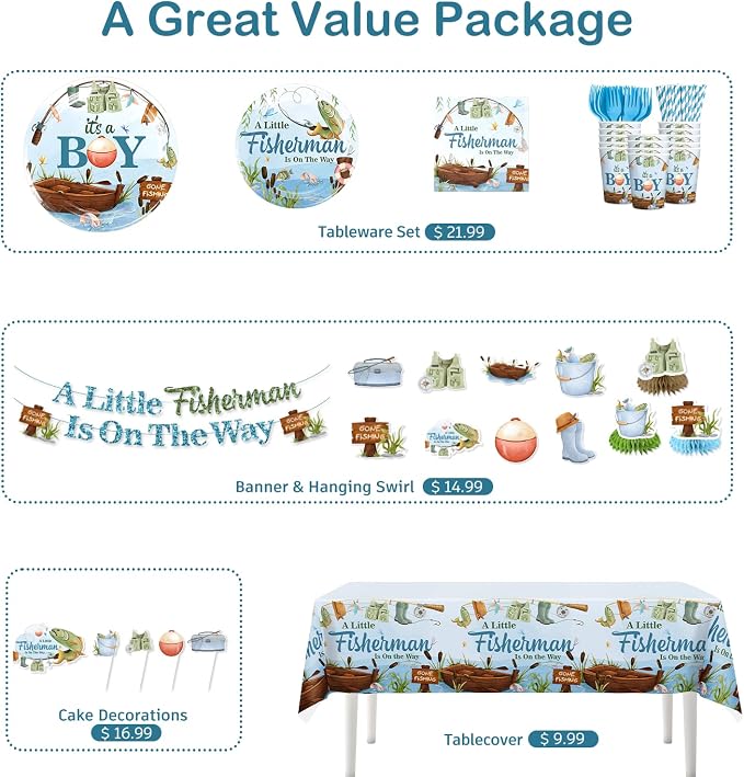 171 PCS Fishing Baby Shower Decorations for 20 Guests, Disposable Tableware Set with Banner, Cake Topper, Balloons, Plates and Napkins-Easy Assembly Fishing Theme Baby Shower