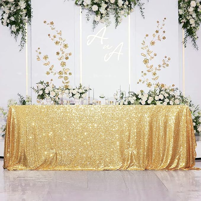 Eternal Beauty Gold Tablecloth, 50x50 Inch Sequin Square Table Cover for Valentines Cake Dessert Exhibition Party Birthday Events