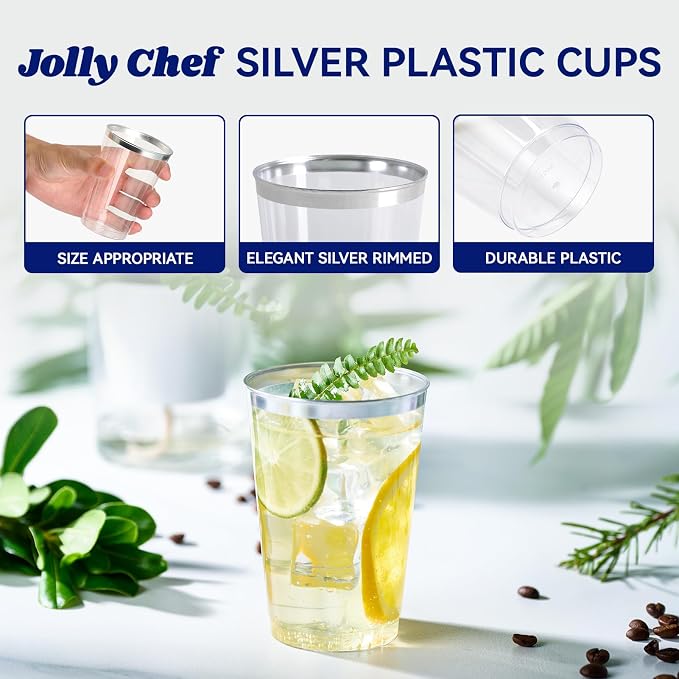 JOLLY CHEF 100 Pack Silver Plastic Cups, 12 oz Clear Plastic Cups Tumblers, Elegant Silver Rimmed Disposable Drink Glasses for Party Wedding, Thanksgiving Day, Christmas