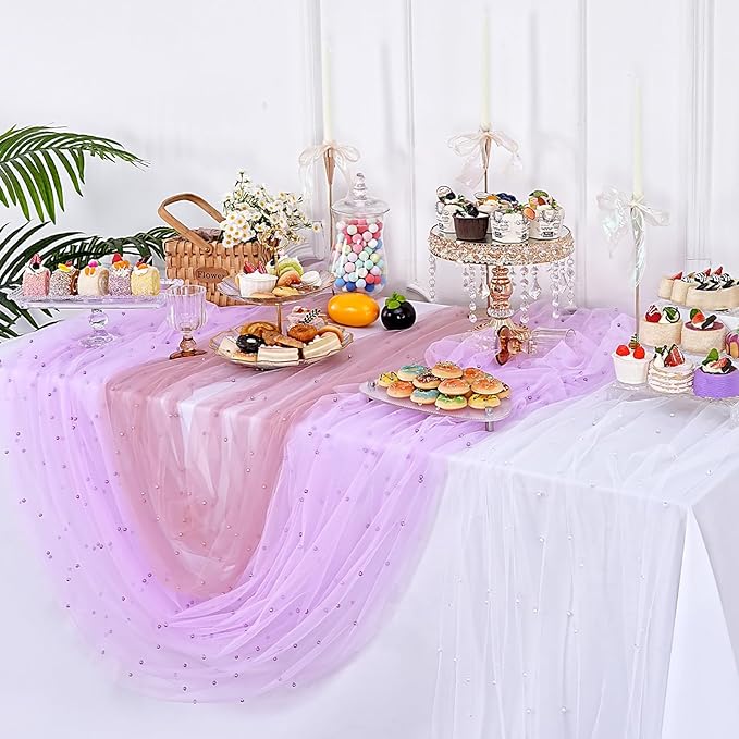 LuoluoHouse Pearl Tulle Table Runner Fabric: 10ft Wedding Veil Seasonal Dessert Light Purple Chiffon Pearl Lace Boho Overlay Wedding Aisle Runner Party Decorations Doilies