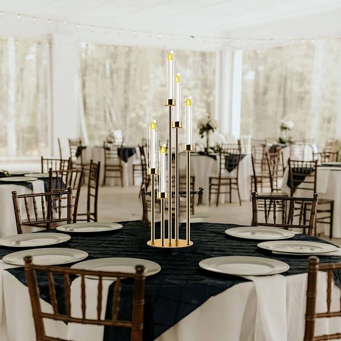 Candelabra Gold Centerpiece 5 Arms Taper Candle Holder Gold Centerpiece with Acrylic Tubes for Table Decoration Wedding Event Party Aisle Stage Home Decor (2, M)