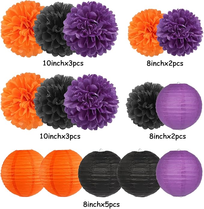 Purple-Orange Black Party-Decorations Paper-Flowers Lanterns - 15PCS Halloween Tissue Pom Poms Streamers,Vintage Birthday Retro Baby Bridal Shower Wedding Bachelorette Hanging Supplies Decor Hugfond