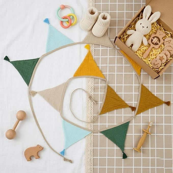 Fabric Bunting Banner, 2 Pack Handmade Neutral String Banner with Tassel Each 8.5 ft 10 Flags Nursery Wall Hanging Wedding Birthday Home Baby Shower Party Decoration Bunting