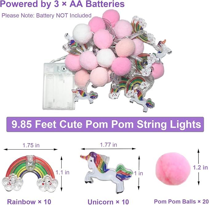 9.85 Feet Pom Pom Unicorn Rainbow String Lights, Auto Timer & 8 Flash Modes, 20 LED Battery Operated Fairy Lights for Kids Bedroom Play Tent Girls Birthday Baby Shower Holiday Christmas Decoration