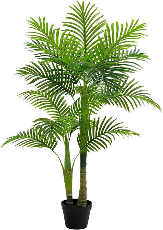 4FT Artificial Palm Tree - Tropical Faux Golden Cane Palm Tree UV Resistant Tall Fake Plant Indoor with Black Pot for Home Office Living Room Indoor Outdoor Decor Housewarming Gift