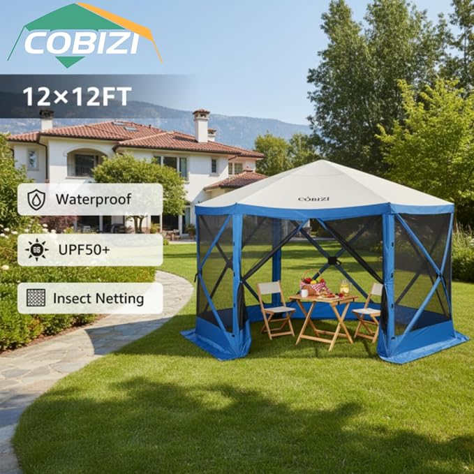 COBIZI 12x12 FT Pop Up Canopy Shelter Tent, Large Gazebos On Clearance with Sidewalls, Screened in Gazebo, Screen Tents Portable carpas para Patio for Outdoor Camping, Backyard, Garden, Beach, Blue