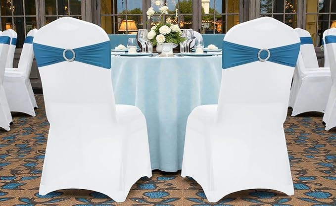 VDS - Dark Teal | Spandex Chair Sashes Bows | 250 PCS | Stretch Elastic Banquet Universal Folding Chair Band Tie with Silver Buckle Slider for Wedding Party Conference Celebration Event Decoration