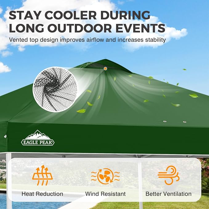 EAGLE PEAK Pop Up Canopy Tent with Wheeled Carry Bag, 8 Stakes, 4 Ropes, 4 Weight Bags, Easy Set Up Tent Canopy, 10x10 ft, 100sqft of Shade, Green