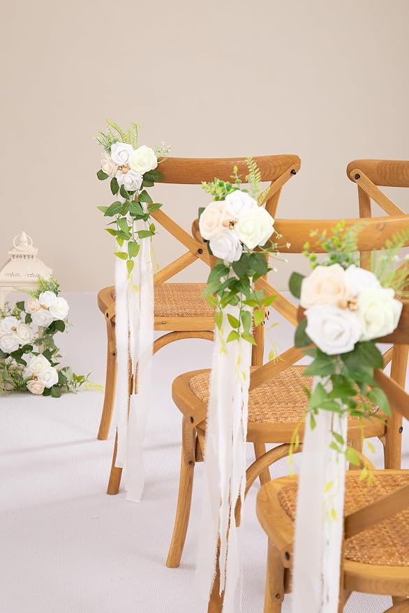 DORIS HOME Wedding Chair Decorations White Pew Flowers Set of 10 for Wedding Ceremony Party Aisle Decor with Artificial Flowers Eucalyptus and Ribbons