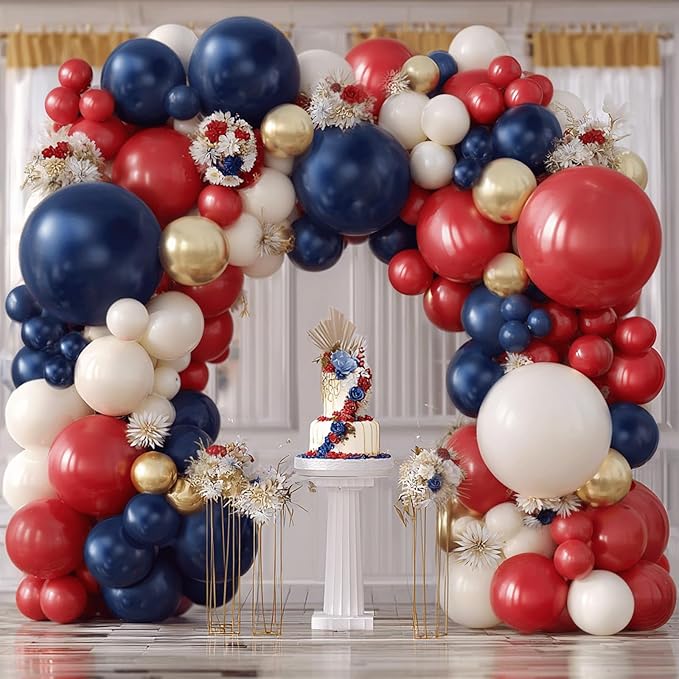 Red White and Blue Balloons Arch Kit - 124 PCs Double Stuffed Red Navy Blue Sand White Gold Latex Balloons for Graduation Birthday Party Veterans Day Decorations