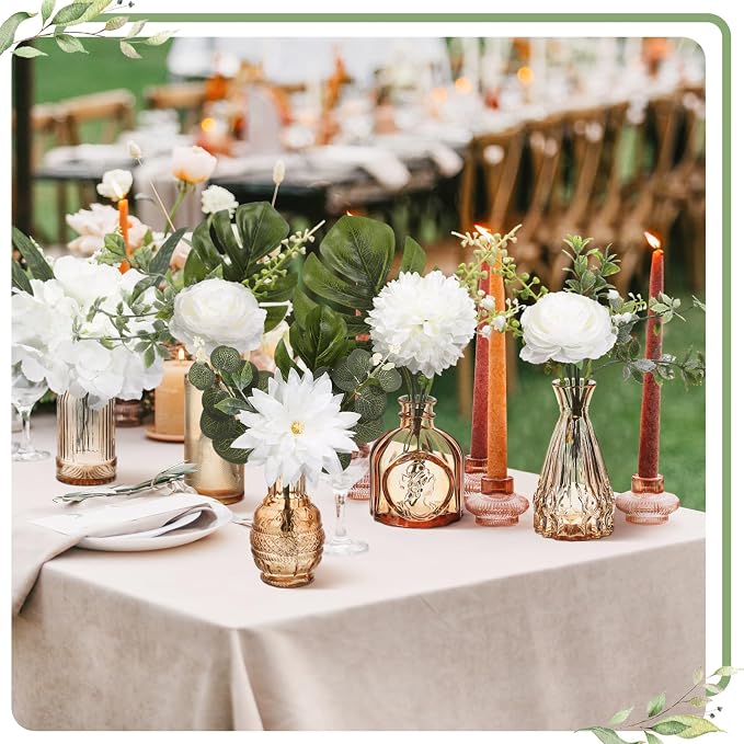 FoldTier 108 Pcs Artificial Flowers in Vase 96 Pcs Faux Greenery Stem Table Centerpiece Fake Plants Silk Roses Arrangement 12 Pcs Glass Vase Sets for Wedding Bathroom Home Dining Decor(Champagne)