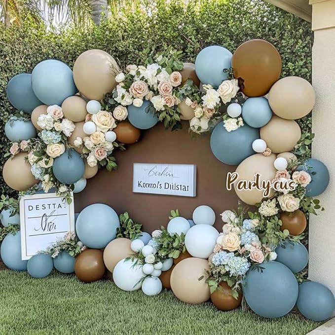 Dusty Blue Brown Balloon Arch Kit Double Stuffed Pastel Baby Blue Dark Brown Tan Coffee White Sand Latex Balloon Garland for Neutral Birthday Bear Western Cowboy Party Decoration