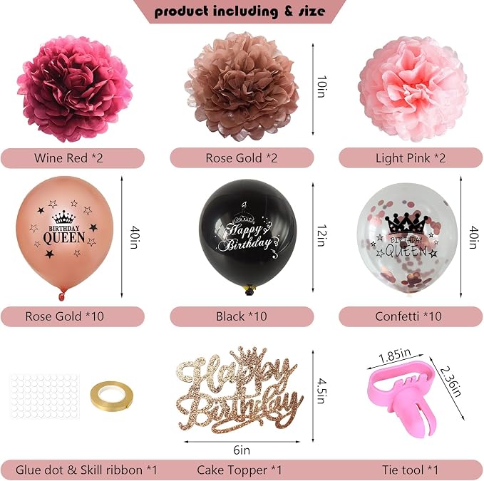 Happy Birthday Decorations for Women Girls, Black Rose Gold Birthday Party Decor Include Sash and Crown, Balloons, Banner, Backdrop, Cake Topper & 6pcs Paper Pom Poms (Black rose gold)