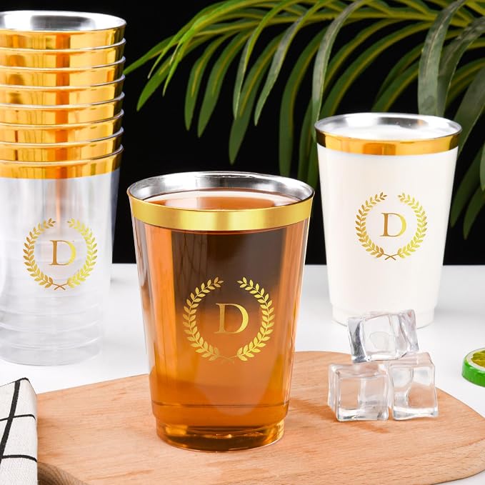 100 Pieces Monogrammed Plastic Cups Gold Foil Letter D Disposable Cups 12 oz Clear Initial Party Cups for Wedding Birthday Baby Shower Personalized Party Drinkware