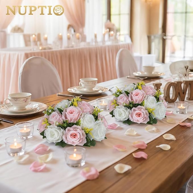 NUPTIO Flower Ball Centerpieces for Tables: 10 Pcs Artificial Pink & White Rose Arrangements for Wedding Centerpiece - Faux Silk Floral Kissing Balls for Home Gender Reveal Party Mother's Day Decor