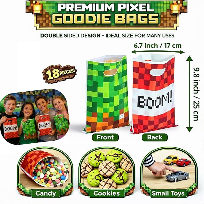 Pixel Game Birthday Party Decorations - Miner Supplies Set Gaming Theme - Including Backdrop Balloons Tablecloth Plates Toppers Napkins Favor Bags Stickers - Mining Bday Pack Craft Decor Kit