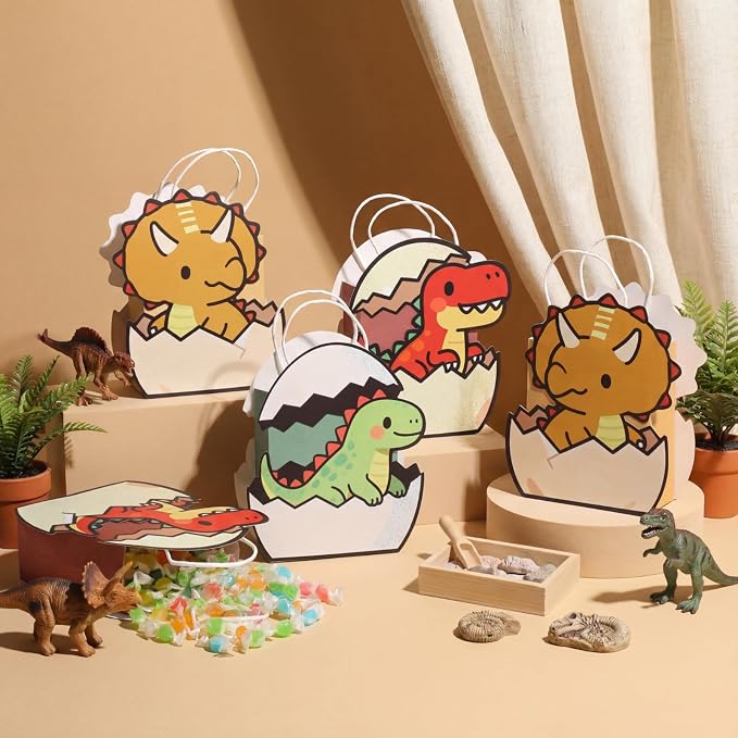 Tosstuki 24 Pcs Dinosaur Party Favor Bags 3D Dinosaur Birthday Gift Goodie Bags with Handles Little Dino Treat Paper Bag for Candy Dino Themed Birthday Party Decorations Supplies