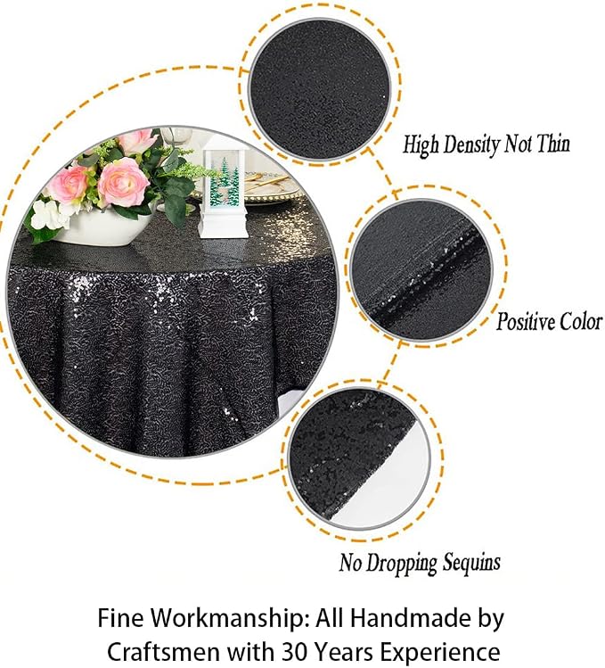 ShiDianYi Sequin Tablecloth Round 72-Inch Black Table Cloths Glitter Sequence Tablecloth Overlay Black Round Table Cover for Wedding/Birthday Cake Table Decor