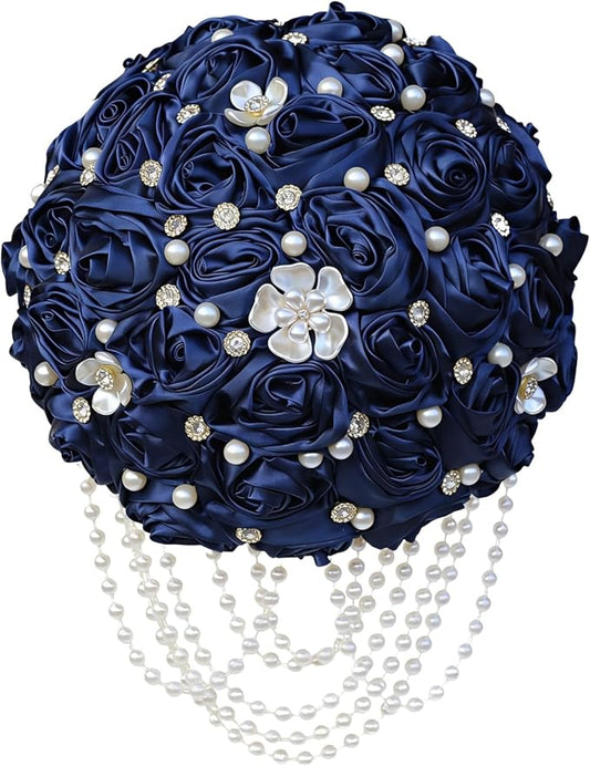 Navy Blue Bridal Wedding Bouquet with Rhinestone Brooch Pearl String Cascade Bouquet for Bride Bridesmaid Quinceanera Satin Rose Artificial Flower Bouquet Wedding Navy Blue 7.5in