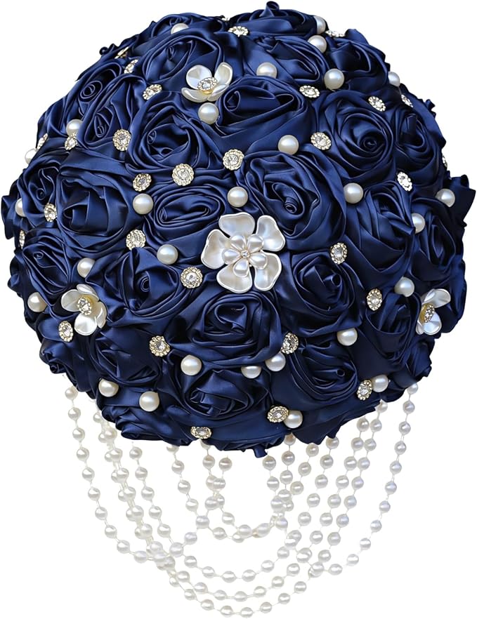 Navy Blue Bridal Wedding Bouquet with Rhinestone Brooch Pearl String Cascade Bouquet for Bride Bridesmaid Quinceanera Satin Rose Artificial Flower Bouquet Wedding Navy Blue 9.8in