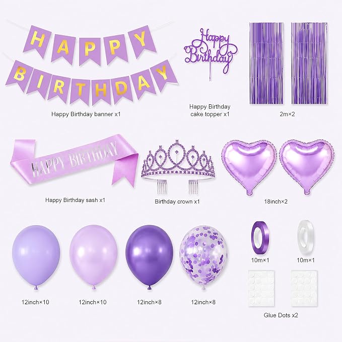 Purple Birthday Decorations for Women Girls,Purple Latex Balloons with Happy Birthday Banner,Fringe Curtain,Cake Topper,Sash and Crown for Birthday Party Supplies