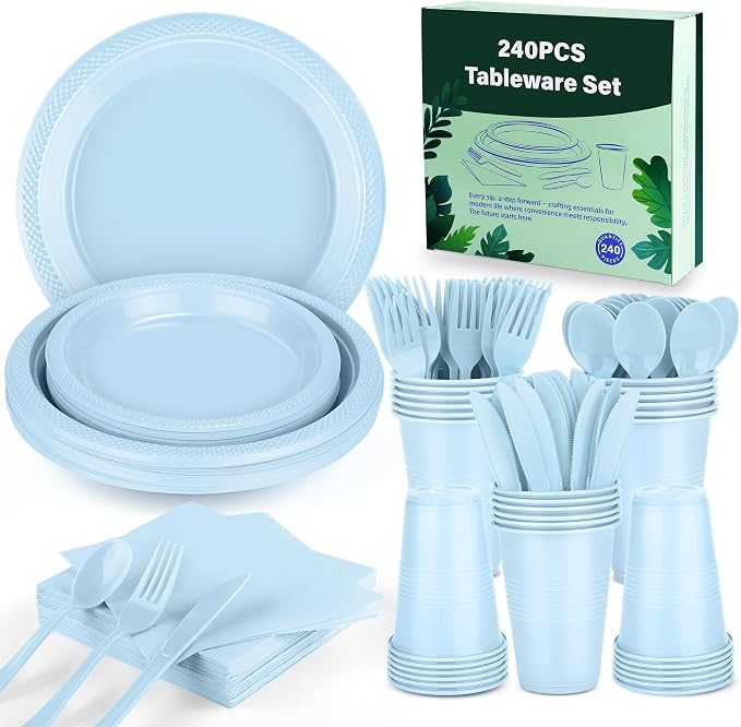 Kochorie 240 Pieces Light Blue Plastic Dinnerware Set Disposable Heavy Duty Plates Napkins Cups Silverware Dessert Dinner Plates for Birthday Wedding Baby Shower Party Supplies, Serves 30 Guests