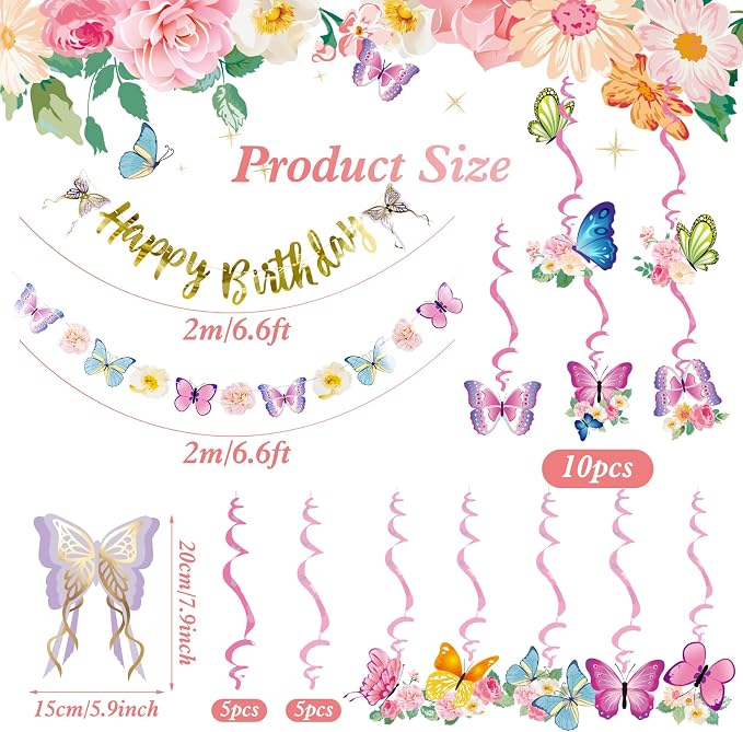 SUNBEAUTY 22PCS Butterfly Birthday Party Decorations Pre-strung Birthday Banner Garland for Women & Girls Colorful Butterfly Hanging Swirls Decorations Summer Themed Ceiling Decor for Kids Bday party
