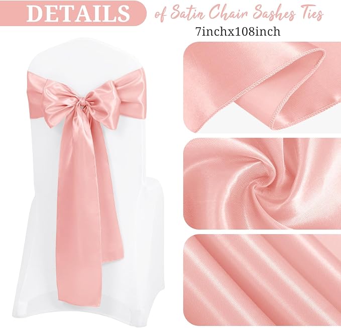 Pesonlook 120 PCS Rose Gold Satin Chair Sashes Bows,Satin Chair Sashes Universal Chair Cover for Wedding Reception Restaurant Event Decoration Banquet,Party,Hotel Event Decorations (7 x 108 inch)