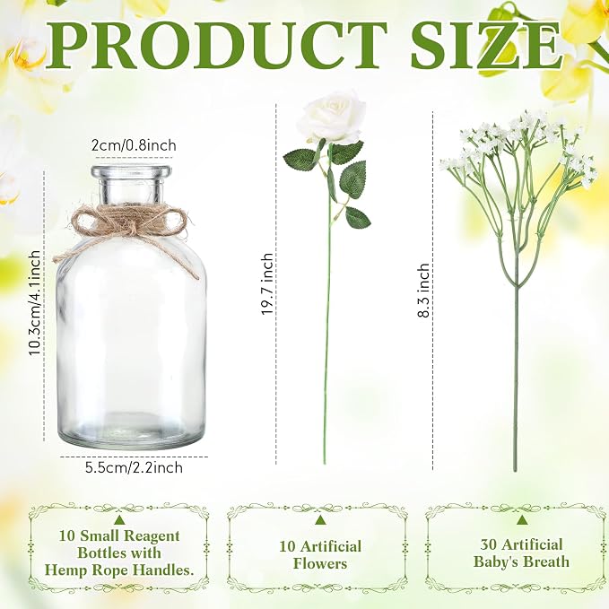 10 Set Glass Bud Vases Centerpiece with Artificial Flowers for Table Decor 10 Small Clear Glass Vase 10 White Roses 30 Baby Breath for Wedding Bridal Shower Home Rustic Farmhouse Decor
