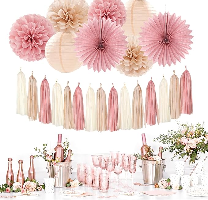 Blush-Pink Rose-Gold Bridal-Shower Fall Party-Decorations - 31pcs Bride to Be Sign Banner,Bachelorette Paper Lanterns,Wedding Streamers Garland,Boho Peach Tissue Pom Poms Fans Decor Supplies Burgleda
