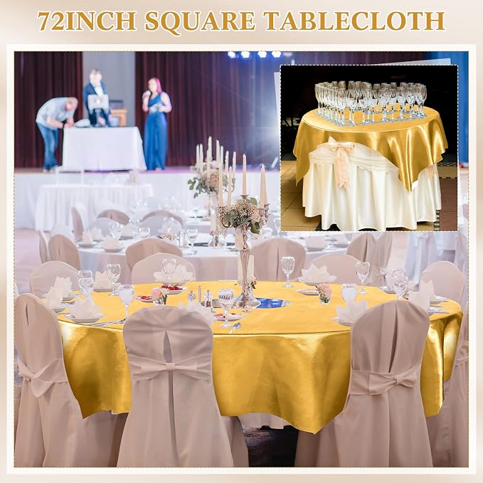 Newwiee 12 Pcs 72 Inch Satin Tablecloth Square Overlay Smooth Fabric Tablecloth Satin Table Cover Fabric Decoration Dining Cloths for Party Wedding Banquet Table Decoration(Gold)
