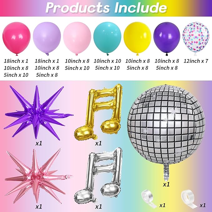 KPOP Music Theme Balloon Garland Arch Kit, 119Pcs Rainbow Colorful Balloon & Retro Disco Ball Musical Note Explosion Star Foil Balloons for K-Pop Party 90s 80s Disco Hip Hop Birthday Decor Supplies