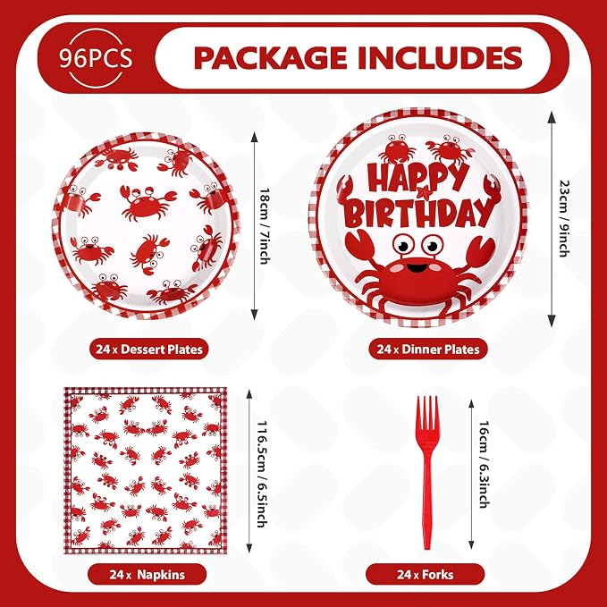 Grencian 96PCS Crab Birthday Party Decorations Crab Plates and Napkins Disposable Crabs Paper Tableware Set for Baby Shower Picnic BBQ Crabs Seafood Boil Birthday Party Supplies, Serves 24