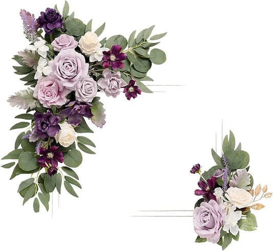 Ling's Moment 2pcs Artificial Welcome Sign Swag Wedding Arch Flowers Decorations Floral Eucalyptus Willow Garland Lilac Purple Cream Rose Ceremony Party Reception Easel Door Wall Home Entryway Outdoor