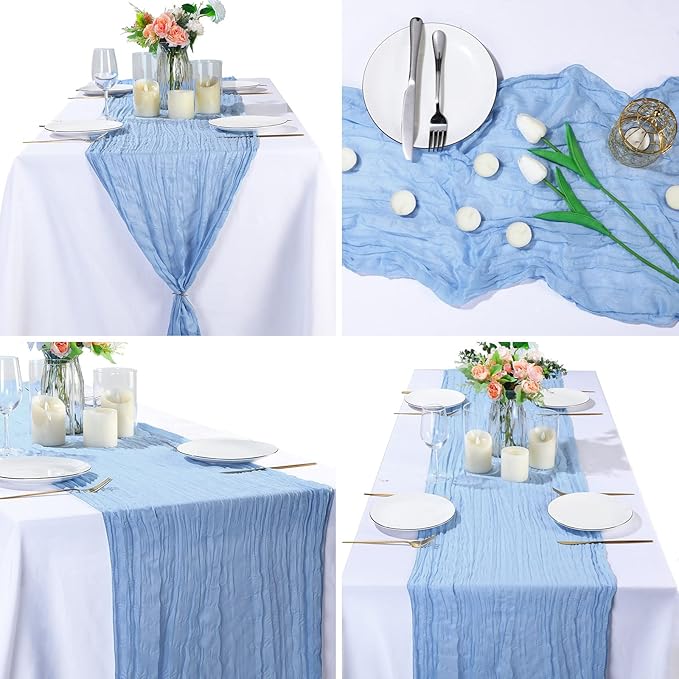 Buryeah 12 Pcs Cheesecloth Table Runner Boho Gauze Table Runner Bulk Rustic Cheese Long Romantic Runners for Wedding Bridal Shower Birthday Decor(Light Blue,28 x 120 Inch)