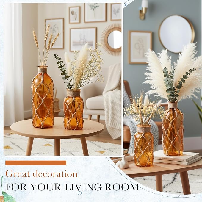 Chuangdi Set of 2 Coastal Glass Vases for Flowers TSITP Flower Vase with Boho Rope Small Sea Glass Jar Nautical Beach Bottle for Wedding Table Centerpieces Floral Arrangement Decor(Amber)