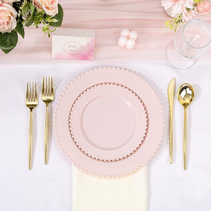U-QE 60PCS Pink Plastic Plates - Heavy Duty Beaded Pink Disposable Plates for Mothers Day, Party, Baby Shower, Wedding - Serving 30 Guests Include 30PCS 10inch Dinner Plate & 30PCS 7inch Dessert Plate