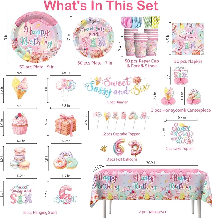 330pcs Sweet Sassy and Six Birthday Decorations with Tableware Set, Banner, Hanging, Tablecloth, Cake Topper, Centerpieces, Balloon, for 6 Year Old Girl Birthday Decorations, Serves 50