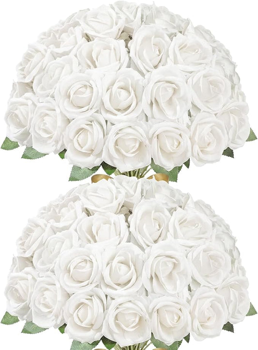 Lifewit 50 Pcs White Artificial Roses Flowers in Bulk, Fake Long Stem Silk Roses for DIY Wedding Bouquets, Centerpieces Arrangements, Valentine Decorations