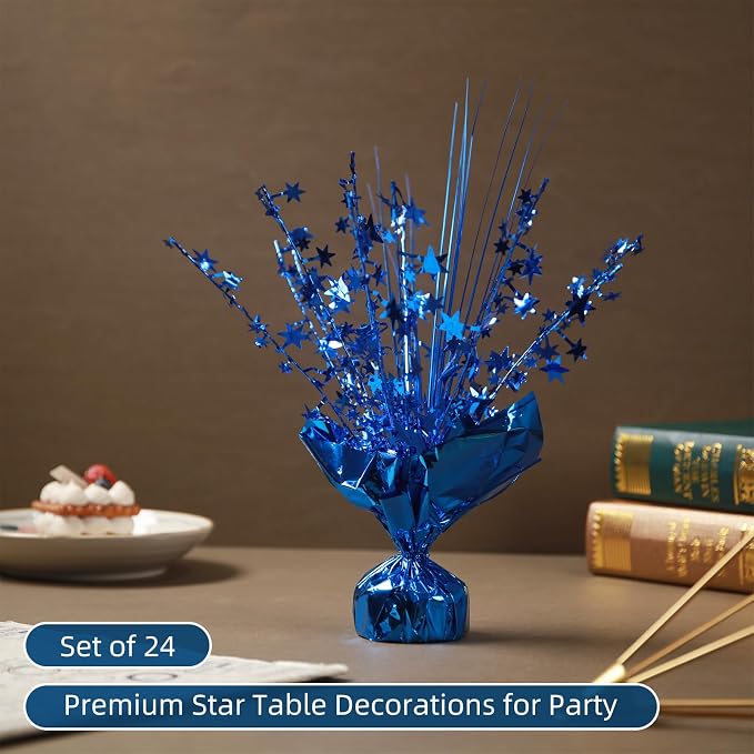 24 Pack Blue Metallic Foil Spray Centerpiece Star Table Decoration Burst Table Centerpieces for Birthday New Year Wedding Anniversary Graduation Party Supply (Blue)