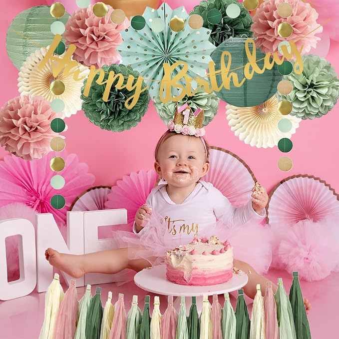 Sage Green and Pink Happy Birthday Party Decorations Dusty Pink Sage Green Tissue Pom Poms Paper Lanterns Beige Paper Fans Tassel Garlands for Women Girls Birthday Baby Shower Decoration