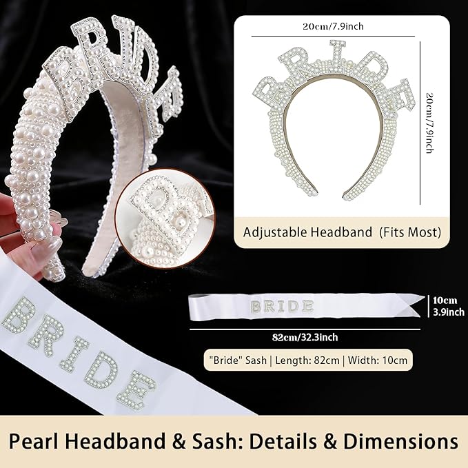 Bachelorette Party Accessories Set for Bride - 9 Pcs Premium Bridal Veil, Pearl Headband, Sash & Gloves | Complete Bridal Shower Kit for Wedding & Despedida de Soltera